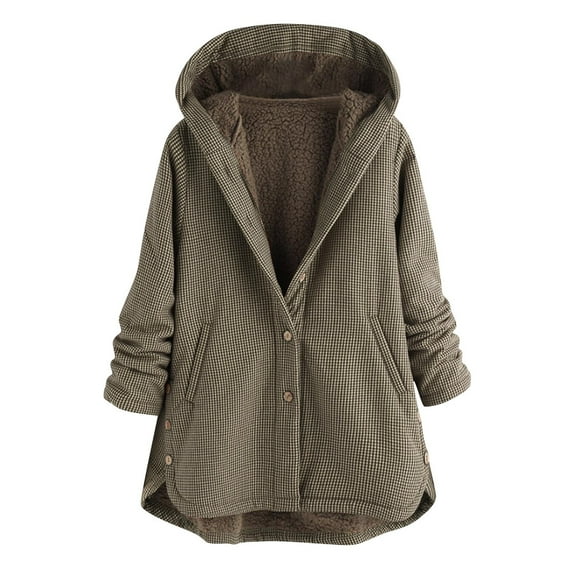 Cmfcve Women's Fleece-Lined Plaid Jacket Plus Size Crew Neck Button-Up Hooded Coat Long Sleeve Warm Sweatshirt Cardigan