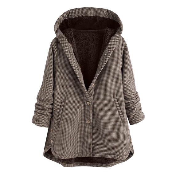 Cmfcve Women's Fleece-Lined Plaid Jacket Plus Size Crew Neck Button-Up Hooded Coat Long Sleeve Warm Sweatshirt Cardigan
