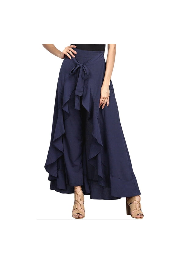 Women's Flowy Irregular Layered Cropped Trousers Elegant Lightweight High Waist Self Tie Ruffle Wrap Palazzo Pants