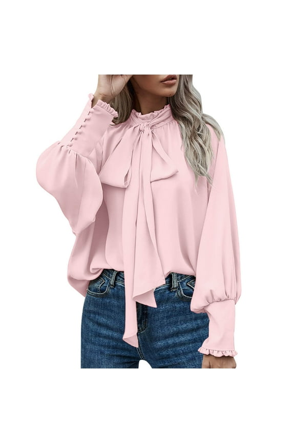 Women's French Shirt Elegant Tie Ruffled Hem Commuting Blouse Turtleneck Layering Date Tops