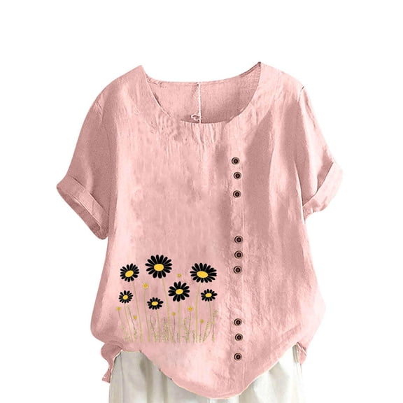Cmfcve Women's Graphic Tops Short Sleeve Round Neck Cotton Linen Tee Shirt Daisy Printed Henley Blouse