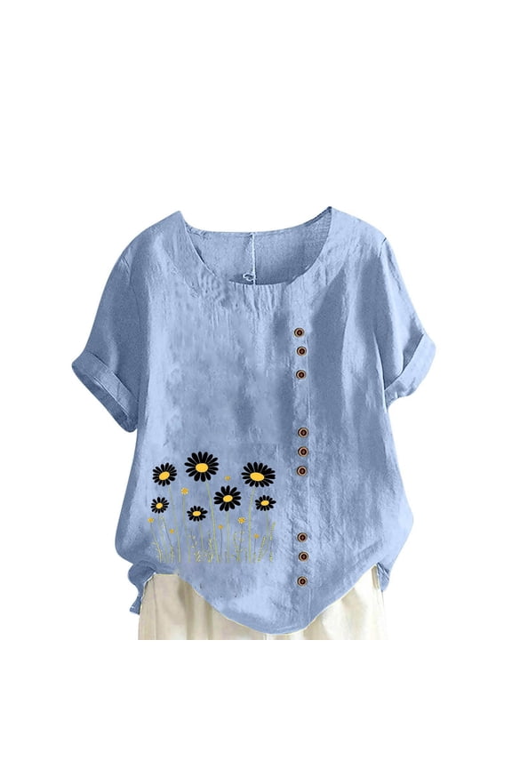 Women's Graphic Tops Short Sleeve Round Neck Cotton Linen Tee Shirt Daisy Printed Henley Blouse