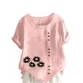 thumbnail image 1 of Cmfcve Women's Graphic Tops Short Sleeve Round Neck Cotton Linen Tee Shirt Daisy Printed Henley Button Blouse, 1 of 5