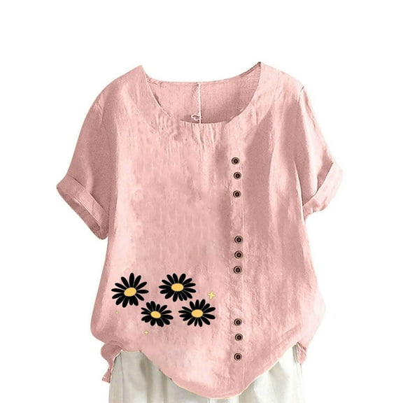 Cmfcve Women's Graphic Tops Short Sleeve Round Neck Cotton Linen Tee Shirt Daisy Printed Henley Button Blouse