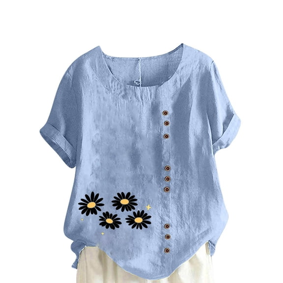 Cmfcve Women's Graphic Tops Short Sleeve Round Neck Cotton Linen Tee Shirt Daisy Printed Henley Button Blouse