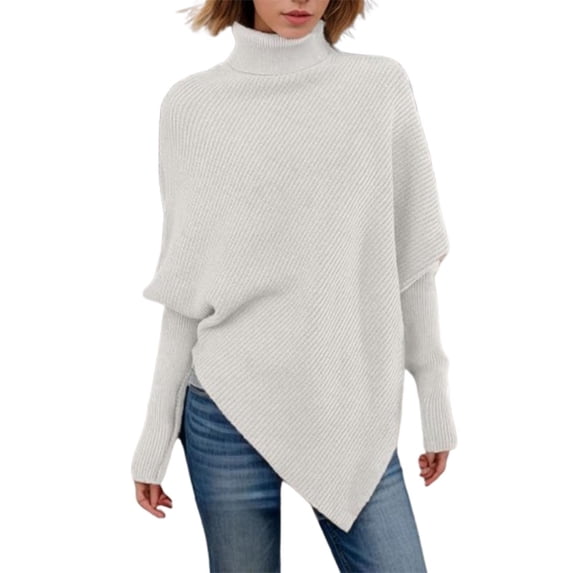Cmfcve Women's High Neck Batwing Sweater Asymmetrical Hem Knit Shawl Top Solid Color Christmas Holiday Outerwear Knitwear
