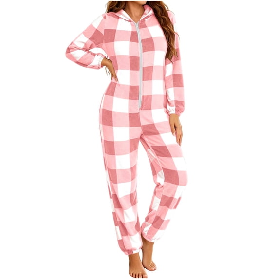 Cmfcve Women's Hooded Fleece Onesies Pajamas Winter Warm One-Piece Pajamas Casual Long Sleeve Thick Loungewear Jumpsuit