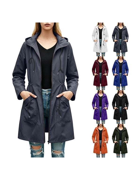 Women's Lightweight Waterproof Long Raincoat Tactical Jacket Fleece Lined Windbreaker Trench Coat for Outdoor Travel Hiking Adjustable Waist Zipper Long Coat S-3XL