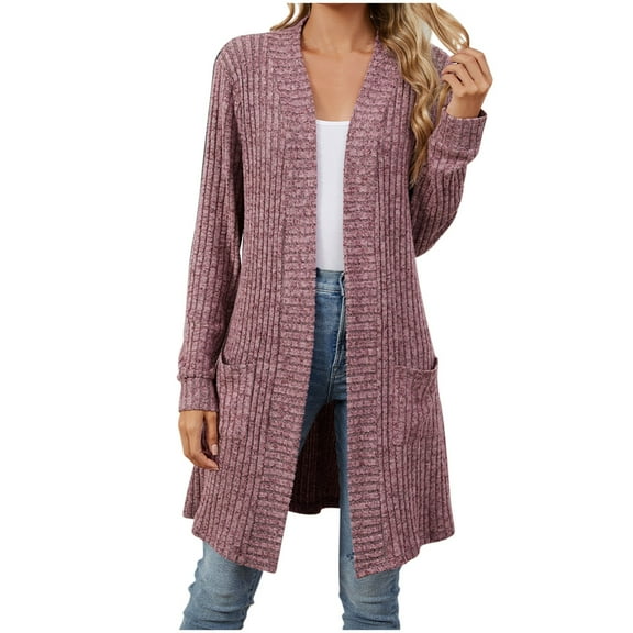 Cmfcve Women's Long Knit Cardigan Solid Color Textured Soft Coat Tops Long Sleeve Pocket Work Sweater Jacket