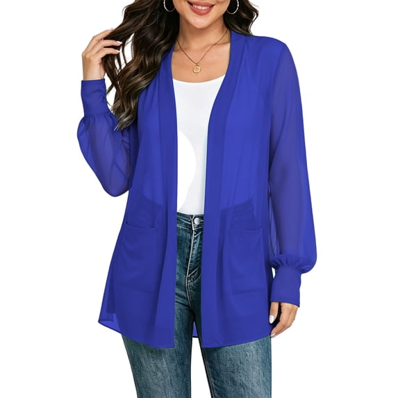 Cmfcve Women's Long Sheer Chiffon Cardigans Open Front Puff Long Sleeve Lightweight Beach Cover Ups with Pockets