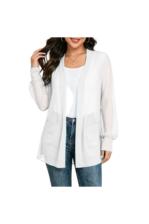 Women's Long Sheer Chiffon Cardigans Open Front Puff Long Sleeve Lightweight Beach Cover Ups with Pockets
