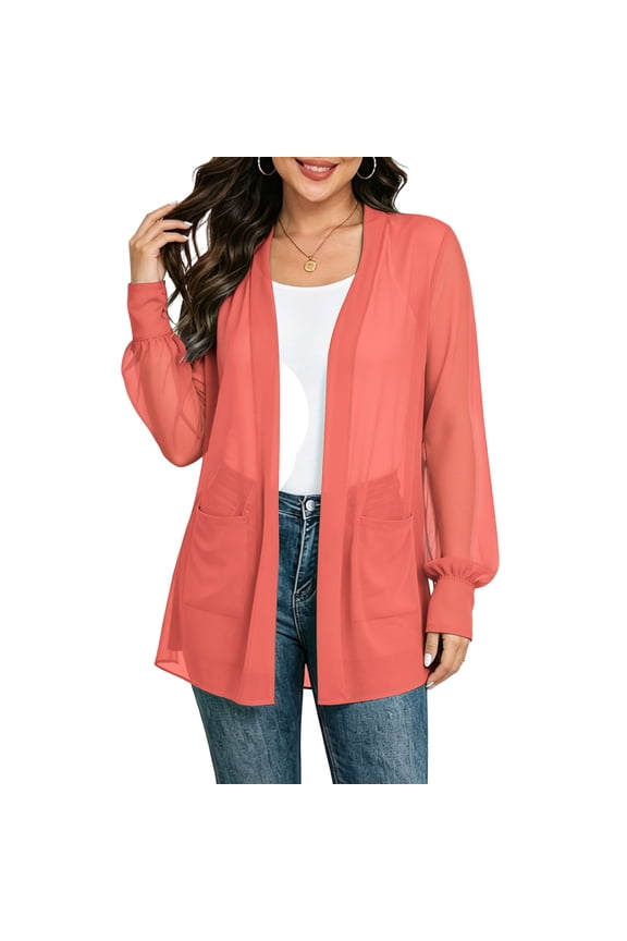 Women's Long Sheer Chiffon Cardigans Open Front Puff Long Sleeve Lightweight Beach Cover Ups with Pockets