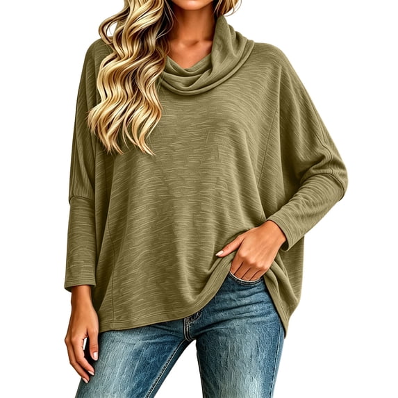 Cmfcve Women's Long Sleeve Cowl Neck Tops Pullover Turtleneck Casual Loose Fit Tunic Shirts