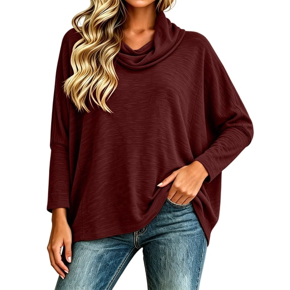 Cmfcve Women's Long Sleeve Cowl Neck Tops Pullover Turtleneck Casual Loose Fit Tunic Shirts