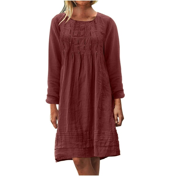 Cmfcve Women's Midi Dress Round Neck Long Sleeve Pleated Cotton Linen Dress Plus Size Solid Color Boho A-Line Dresses