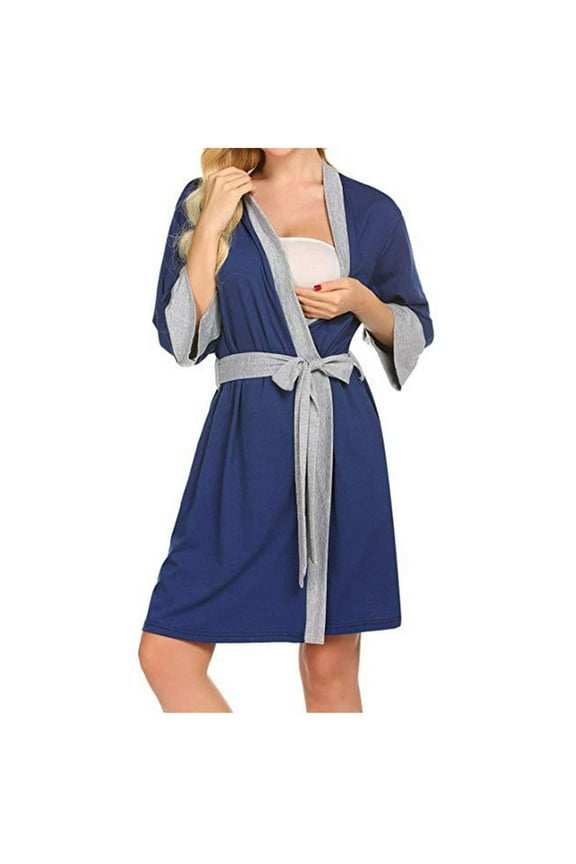Women's Nursing Nightgowns V-Neck Color Blocked Maternity Postpartum Robe Long Sleeve Matching Homewear Sleep Pajamas Dresses