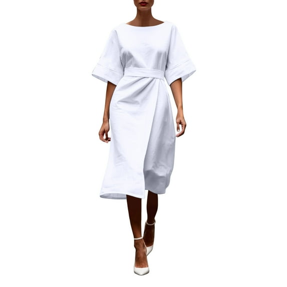 Cmfcve Women's Office Dress Tie Split Temperament Midi Dress Short Sleeve Round Neck Casual Dresses