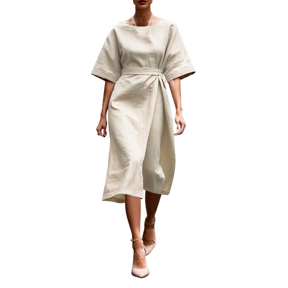 Cmfcve Women's Office Dress Tie Split Temperament Midi Dress Short Sleeve Round Neck Casual Dresses