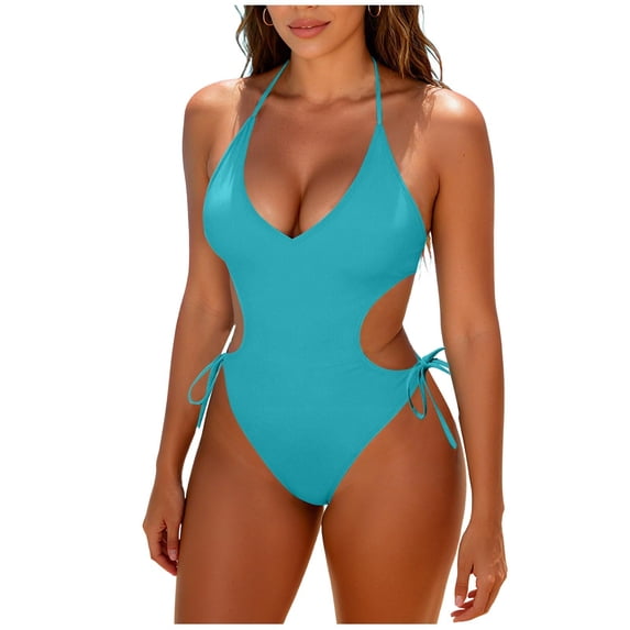 Cmfcve Women's One Piece Swimsuit Halter Neckline Cutout Bathing Suit with Side Ties