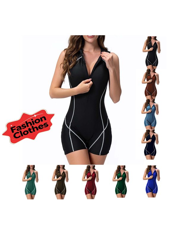 Women's One Piece Swimsuit Sleeveless Half Zipper Surfing Rash Guard Boyleg Athletic Bathing Suit