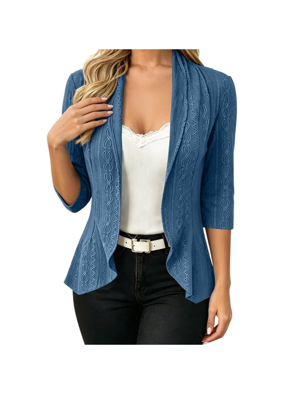 Women's Open Front Cardigans 3/4 Sleeve Elegant Party Loose Fit Shrugs Fall Layering Cover Ups Jackets