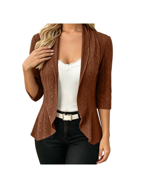 Women's Open Front Cardigans 3/4 Sleeve Elegant Party Loose Fit Shrugs Fall Layering Cover Ups Jackets