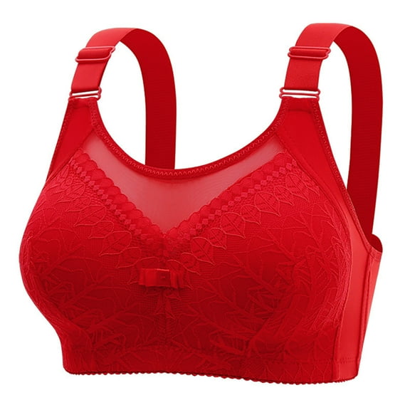 Cmfcve Women's Oversize Bras Red Comfort Exquisite Lace Gathering Wireless Lingerie Bras No Underwire Full Coverage Front Closure Sport Bra