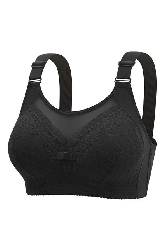 Women's Oversize Bras Black Comfort Exquisite Lace Gathering Wireless Lingerie Bras No Underwire Full Coverage Front Closure Sport Bra