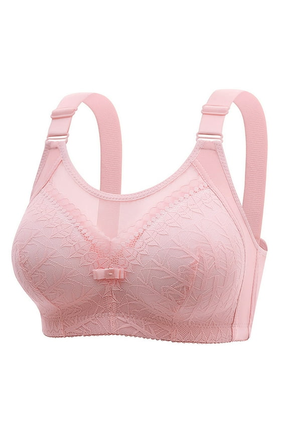 Women's Oversize Bras Pink Comfort Exquisite Lace Gathering Wireless Lingerie Bras No Underwire Full Coverage Front Closure Sport Bra