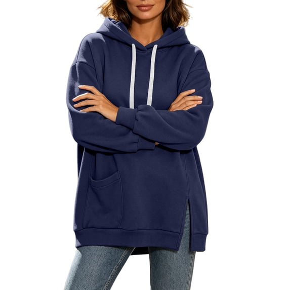 Cmfcve Women's Oversized Hoodies Long Sleeve Drop Shoulder Hooded Sweatshirts Side Slit Casual Fall Pullover Tops with Poc