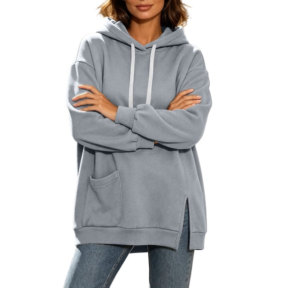 Cmfcve Women's Oversized Hoodies Long Sleeve Drop Shoulder Hooded Sweatshirts Side Slit Casual Fall Pullover Tops with Poc