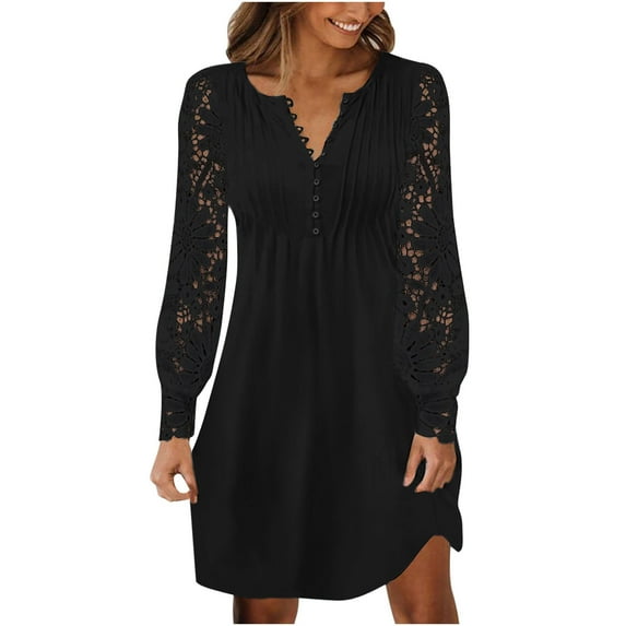 Cmfcve Women's Party Dress V-Neck Long Sleeve Formal Dresses Solid Color Lace Patchwork Wedding Guest Dress