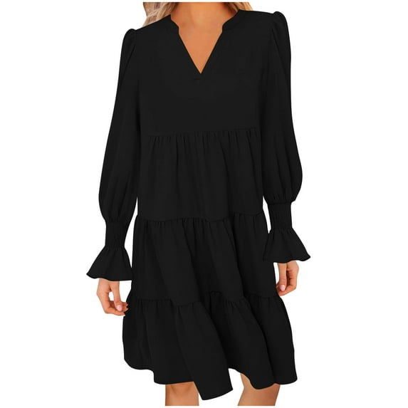 Cmfcve Women's Party Dresses Tiered Pleated Evening Midi Dress Long Sleeve V-Neck Cute A-Line Dress