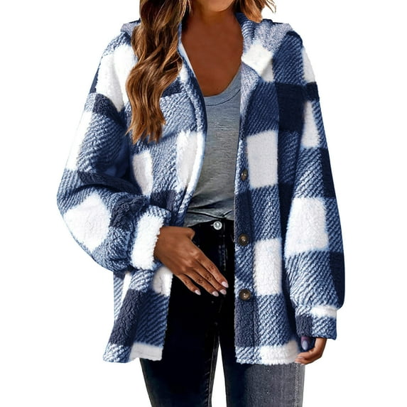 Cmfcve Women's Plaid Hooded Jacket Plus Size Double Fleece Sports Coat Long Sleeve Button-Up Vintage Preppy Cardigan Shirts