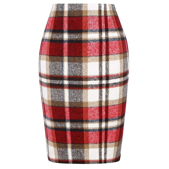 Cmfcve Women's Plaid Skirt High Waisted Slim Fit Christmas Skirts Fleece Fall Winter Knee-Length Midi Dresses