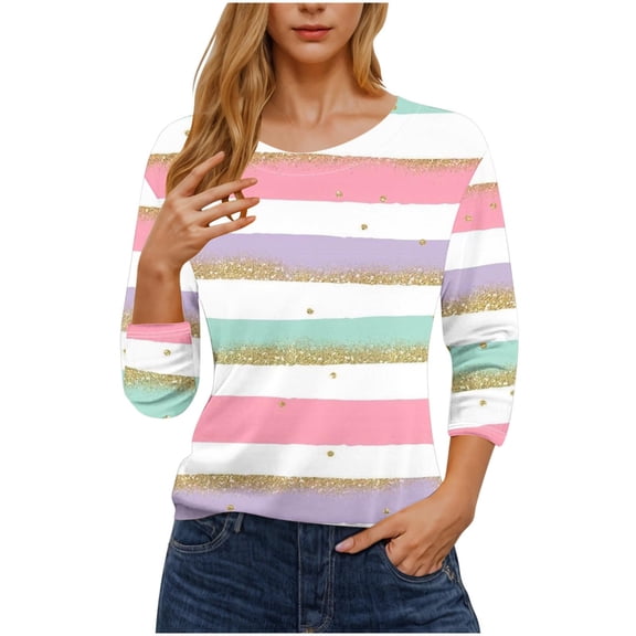 Cmfcve Women's Plus Size 3/4 Sleeve T-Shirt Striped Crew Neck Loose Top Casual Comfortable Commuting Pullover Blouse
