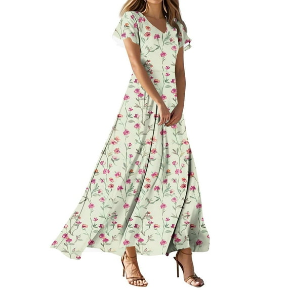 Cmfcve Women's Plus Size Hawaii Dresses Short Sleeve V-neck Long Floral Dresses Flower Print Ruffle Flowing Beach Vacation Dress