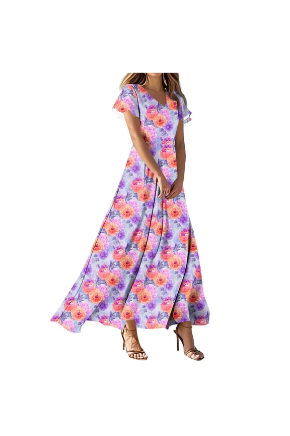 Women's Plus Size Hawaii Dresses Short Sleeve V-neck Long Floral Dresses Flower Print Ruffle Flowing Beach Vacation Dress
