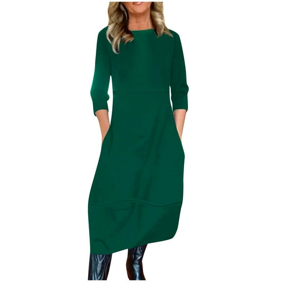 Cmfcve Women's Plus Size Business Dresses Round Neck Long Sleeve Green Maxi Dress Solid Color Professional Casual Long Dress