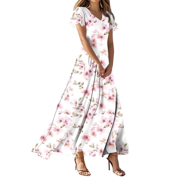 Cmfcve Hawaii Dresses for Woman Plus Size Short Sleeve V-neck Long Floral Dresses Flower Print Ruffle Beach Vacation Dress