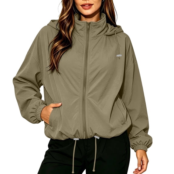 Cmfcve Women's Plus Size Hooded Windbreaker Lightweight Drawstring Hem Full Zip Waterproof Rain Jacket Outdoor Hiking Jacket