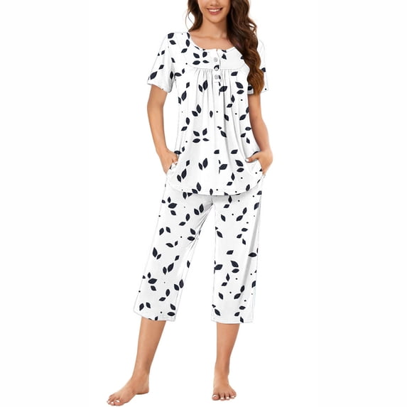 Cmfcve Women's Plus Size Pajama Sets Round Neck Short Sleeve Top & Capri Pants Sleepwear Set Gradient Stripe Print Button Up Pleated Lounge Set with Pockets