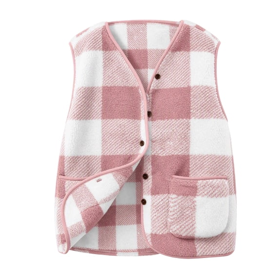 Cmfcve Women's Plus Size Plaid Fleece Vest Button Down Sleeveless Warm Jackets Fall Winter Casual Outerwear