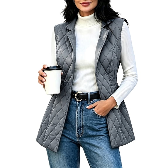Cmfcve Women's Plus Size Quilted Vest Sleeveless Long Padded Jacket Open Front Fall Winter Casual Relaxed Fit Outerwear