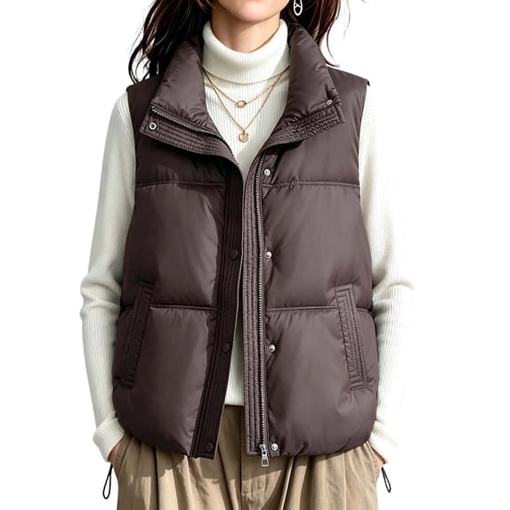 Cmfcve Women's Plus Size Stand Collar Puffer Vest Snap Zip Front Sleeveless Padded Outer Vest Winter Casual Loose Fit Layering Outerwear Jackets with Pockets