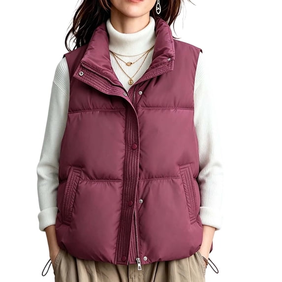 Cmfcve Women's Plus Size Stand Collar Puffer Vest Snap Zip Front Sleeveless Padded Outer Vest Winter Casual Loose Fit Layering Outerwear Jackets with Pockets