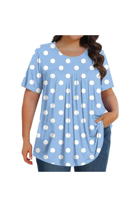 Women's Plus Size Summer Tees Round Neck Short Sleeve Gauze Shirt Bohemian Polka Dot Tunic Blouse Tops