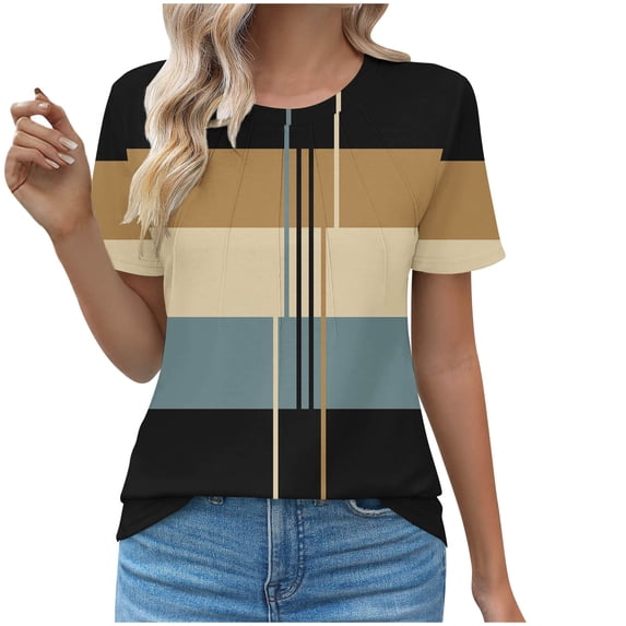 Cmfcve Women's Plus Size Summer Tops Round Neck Casual Gauze Shirts Short Sleeve Patchwork Fitness Blouse