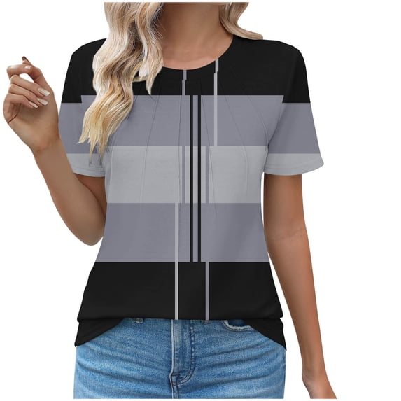Cmfcve Women's Plus Size Summer Tops Round Neck Casual Gauze Shirts Short Sleeve Patchwork Fitness Blouse
