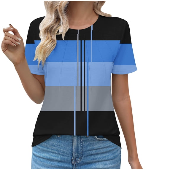 Cmfcve Women's Plus Size Summer Tops Round Neck Casual Gauze Shirts Short Sleeve Patchwork Fitness Blouse